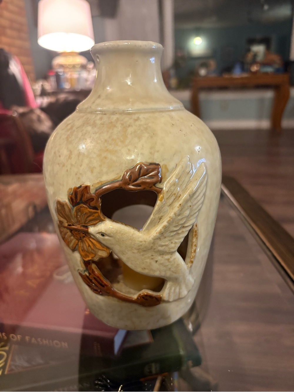 Ceramic Cream Vase CutOut Humming Bird Candle